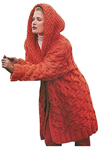 Women's Cable Knit Cardigan with Hood Elegant Cardigan Warm Long Knitted Cardigan Large Size Knitted Coat Long Sleeve Knitted Sweater Jacket Coat, orange, S