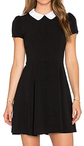 Futura London Womens Black Peter Pan Collar Short Sleeve Pleated Mini Skater Casual Cocktail Club Halloween Dress (as8, Numeric, Numeric_16, Regular, Regular)