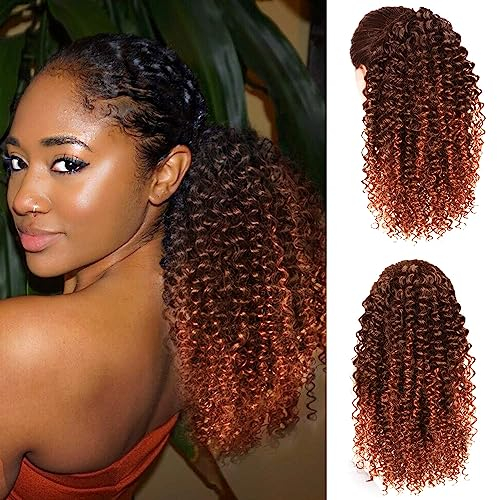 Colorfulpanda Ponytail Extension Zopf Pferdeschwanz Haarteil Haarverlängerung gelockt mit Kordelzug Lang Lockig Natürliches kunsthaar Schwarz mix Kupferrot Afro Kinky Lockige Ponytail für Damen 40cm