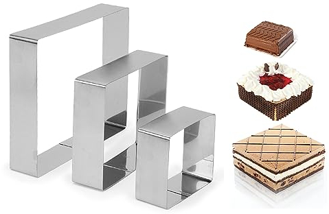 Gohytal Marco para hornear rectangular, 3 unidades, molde para tartas, juego de anillo para tartas, diámetro de 10/15/20 cm, acero inoxidable, molde para hornear, anillo cuadrado alto, 4 cm, para