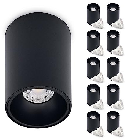 ekobi Aufbauspot KIVI Deckenleuchte Inklusive 5W GU10 Glühbirne Farbauswahl Schwarz, Schwarz-Gold, Weiß, Weiß-Gold IP20 Aluminium feste Struktur 3000K(Schwarz/Warmweiß, 10)