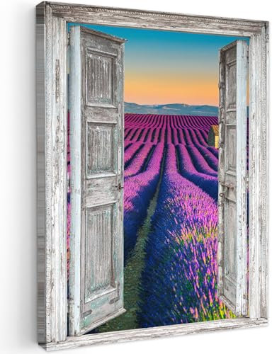 MuchoWow© Bilder 30x40 cm Wohnzimmer Deko Modern Wandbild Foto auf Leinwand Bild Schlafzimmer Room Decor Geschenke Lavendel - Sommer - Fensterblick - Blumen