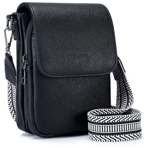 POIUGOYA Kleine Umhängetasche für Damen, trendig, Leder, 3 Fächer, Handy-Geldbörse, Geldbörsen mit Kartenfächern, A-Schwarz