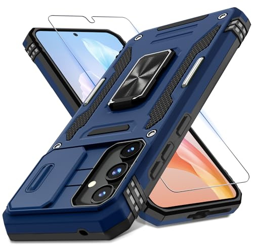 DEERLAMN Case for Samsung Galaxy A35/A55 5G with Slide Camera Cover+Screen Protector (1 Pack), Rotated Ring Kickstand Military Grade Shockproof Protective Cover-Navy Blue