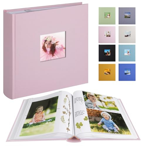 1DOT2 Photo Album with Writing Space 50 Pages 4x6 Photos Hold 200 or 5x7 Pictures Hold 100, Linen Cover Small Photo Book Albums with Memo for Anniversary Wedding Baby (Pink)