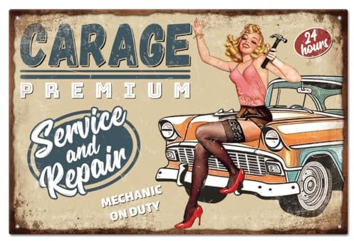 GLOBLELAND Pin Up Woman Blechschild, Vintage Metallblechschild, Kunstplakette, Poster, Retro, Garage, Wanddekoration, Service, Reparaturen, Blechmalerei, Blechschilder, 8x12 Zoll, Für Zuhause, Bar
