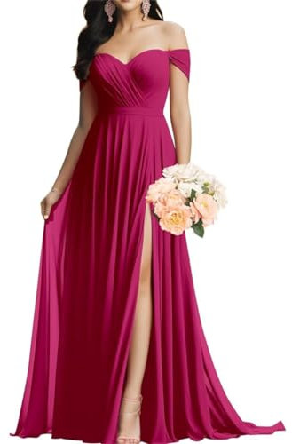 Vestido de dama de honor para mujer, de gasa fruncida, hombros descubiertos, sin mangas, cintura alta, vestido de fiesta de boda, fucsia, 48