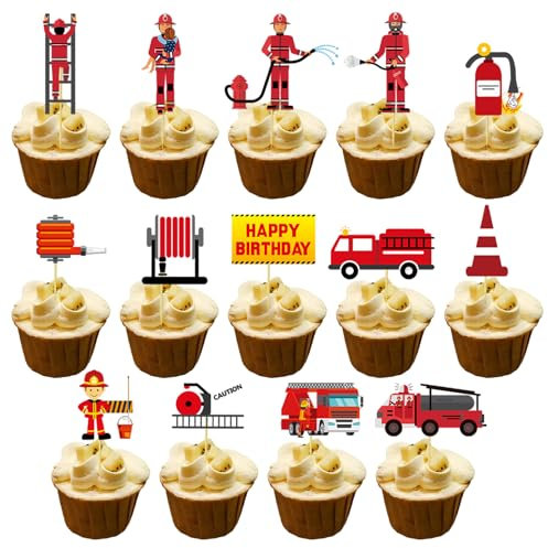 42 Stück Fire Truck Cupcake Toppers, Feuerwehr Geburtstagsfeier Deko, Feuerwehr Motor Rettung Thema, Feuerwehr Kuchendeckel für Kindergeburtstag Party