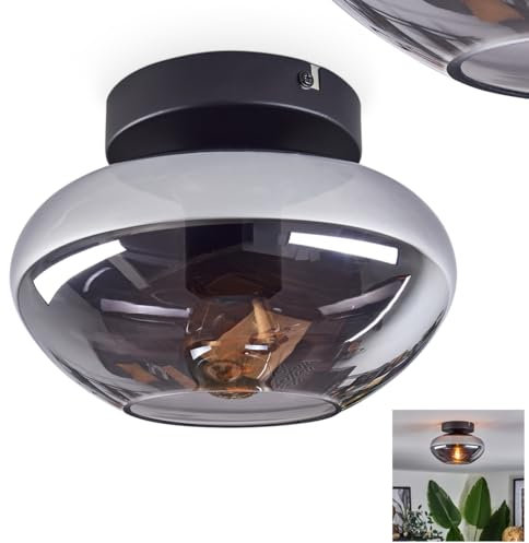 HOFSTEIN Deckenleuchte Mertola, Deckenlampe aus Metall/Glas in Schwarz/Rauchfarben, Leuchte im modernen Retro/Vintage-Design mit Schirm aus Glas (Ø 20 cm), 1 x E27, ohne Leuchtmittel