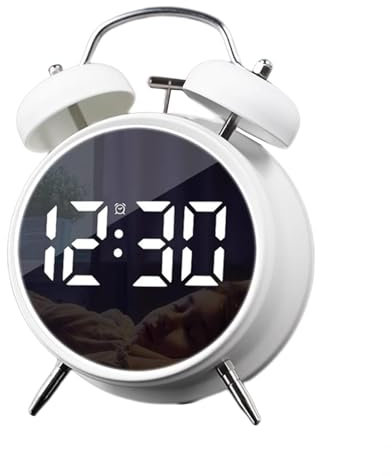 Reloj despertador digital pequeño – 4.5 pulgadas de doble campana electrónica LED, enchufe o funciona con pilas, reloj despertador de metal silencioso para dormir pesado, adultos y niños (blanco)