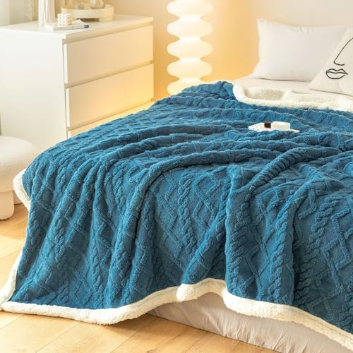 WONGS BEDDING Kuscheldecke 150x200 Flauschig Sherpa Decke, Sofaüberwurf Fleecedecke, Dick Sofadecke Doppelgesicht Extra Warme & Weiche Couchdecke Blau Wohndecken