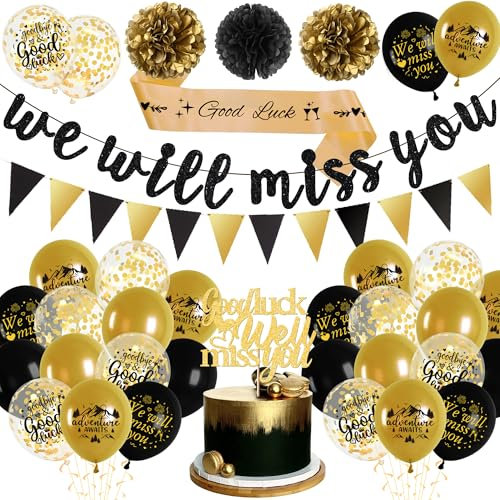 We Will Miss You Banner - Abschied Party Deko Schwarz Gold, Wir Werden Dich Vermissen, Good Luck Schärpe, Luftballon, Wimpelkette, Papier Pompons, Rentner Deko Abschiedsfeier für Kollegen im Ruhestand