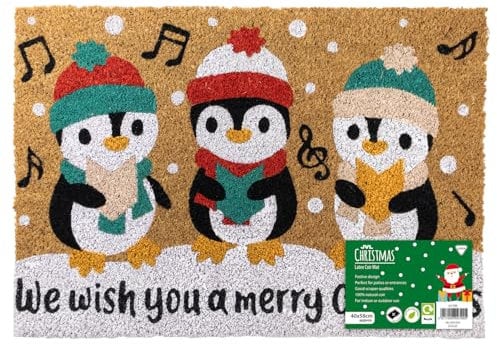 JVL Festive Christmas Coir Doormat with Latex Back - Penguins - 40x58cm
