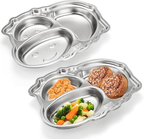 ZOOFOX 3 Pack Stainless Steel Divided Plates, 304 Metal Unbreakable Dinner Plates with 3 Sections, Cute Cow Shaped Plate for Dinner, Snack, BPA Free