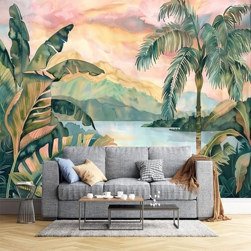 JEDTAKCT Papier Peint Panoramique Nature - Revêtement Mural Décoration Salon - Design Moderne - Bananiers À L'Aquarelle - Forêt Tropicale Déco Nature Plantes Tableaux Muraux