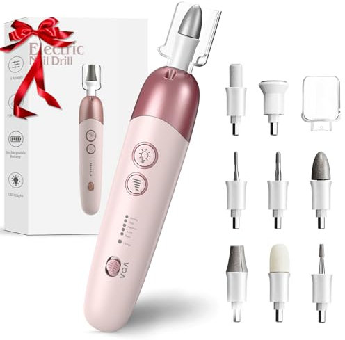 Vexloria Electric Nail File, Cordless Nail Drill, Pedicure Sets for Feet with 8 Drill Bits, 5 Modes Adjustable Nail Drill, Electric Nail File for Gel/Acrylic Nails and Hard Cuticles (Pink)