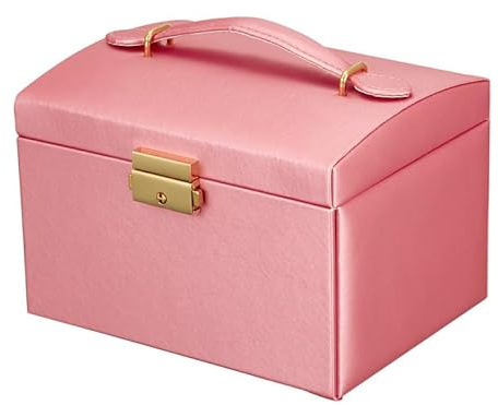 Portable three-layer jewellery box high-grade with lock PU leather drawer earrings earrings jewellery storage (Pink)