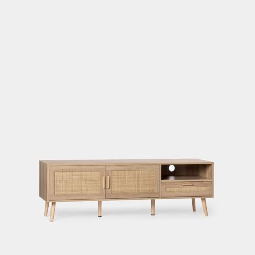 KLAST Meuble TV 160 en Bois Blanc et Rotin Naturel, avec Deux Portes, Un Tiroir et Une Étagère pour Organiser Les Accessoires Multimédias.