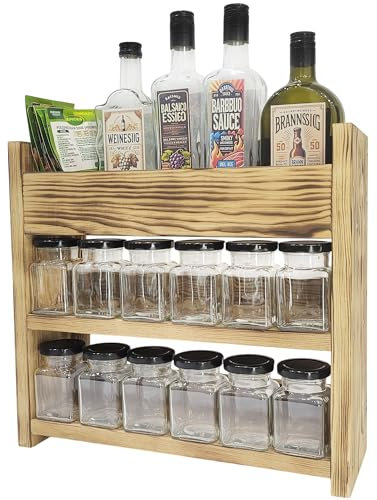 Scaffale portaspezie in legno effetto bruciato con 12 barattoli in vetro da 150 ml – organizer da cucina rustico a 3 livelli, in pino massiccio fatto a mano, pronto all’uso, colore marrone 40x40x14cm