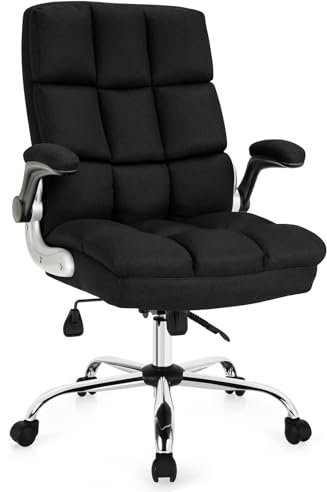 COSTWAY Executive Office Chair, Ergonomic High Back Swivel Computer Desk Chairs with Flip-up Armrests, Linen Padded Height Adjustable Rolling Manager Task Chair for Home Office (Black)