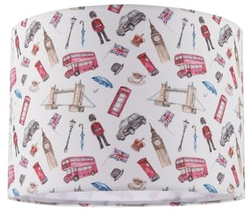 Chic London Themed Cotton Lamp Shade with Red Buses Post Boxes Black Taxis Big Ben etc | White Cotton Inner Lining | 18cm x 25cm by Happy Homewares