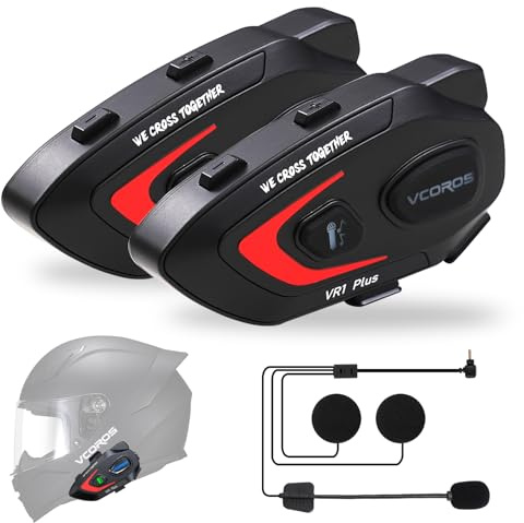 Interfono Moto VR1 Plus,Sistema di Comunicazione per 2 Persone entro 500m,Auricolare Casco Moto,IP56 Impermeabile,Interfono Casco Supporta Le Chiamate Vocali Controllo Della Musica (2Pack Hard Mic)