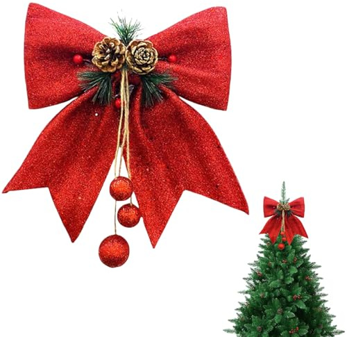 SSKHE Red Glitter Topper Bows for Christmas Tree, Large Sequin Wreaths Ties for Xmas Tree Topper, 25 * 30CM Foam Bow Ornaments for Garland Decor Home Party Supplies Indoor Outdoor