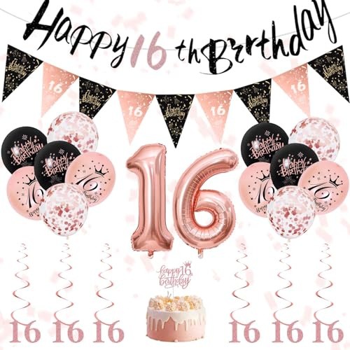 16. Geburtstag Mädchen Deko – Schwarze RoseGold Geburtstagdeko Set mit Banner 16 Geburtstag, Luftballons Geburtstag, Spiral Wirbel Geburtstag Girlande & Tortenstecker