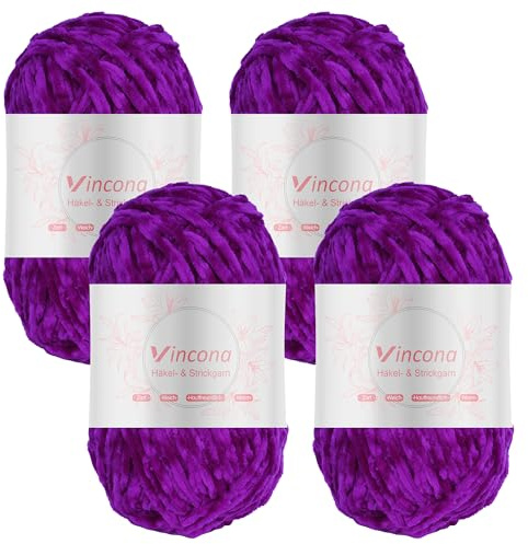 Vincona 4 x 100g Chenille Wolle zum Häkeln - Kuschelig und hautfreundlich，Garn zum Stricken und Häkeln - 100% Polyester – 4 x 120 m – Nadelstärke 5-6 Leuchtendes Rosa