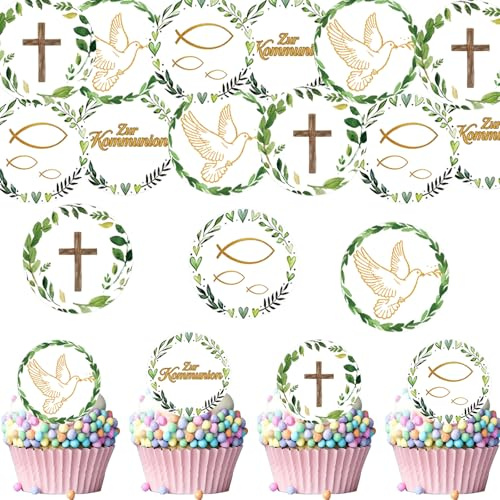 ENLACE 48 Stück Esspapier Kommunion Tortendeko, Cupcake Topper Erstkommunion Deko Junge Mädchen, Kreuz Tortendeko Kommunion Kuchen Deko Fisch Muffin Dekoration für Erstkommunion Taufe Babyparty