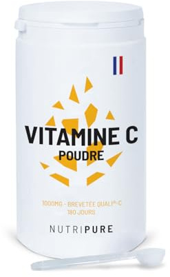 Nutripure - Vitamine C 100% Pure 750 mg - Poudre 180 g | Immunité, Energie & Antioxydant - Acide L-Ascorbique Quali-C - Synthèse du Collagène - Vegan - 6 Mois - Made in France