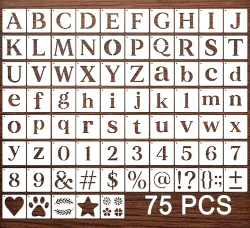 MWOOT 75 Pcs Pochoir Lettre Alphabet, Pochoirs Chiffres Pour Peinture Réutilisables, Gabarits De Dessin En Plastique Pour Scrapbook, Journal, Décoration Intérieure, Loisirs Créatifs DIY,7.62 x 7.62cm