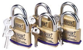 Draper 60mm Solid Brass Padlocks Pack 6 Keyed Alike All Same Keys