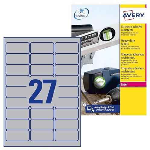 Avery Italia L6011-20 Etichette adesive in poliestere argento resistenti, 20 fogli A4, rettangolari 63,5x29,6mm, 27 etichette per foglio, adesivo permanente, stampanti laser