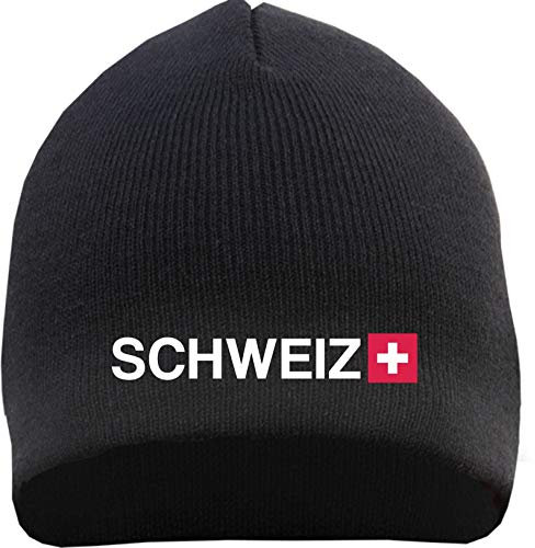 HB_Druck Schweiz Beanie Mütze - Bestickt - Strickmütze Wintermütze Einheitsgröße Schwarz