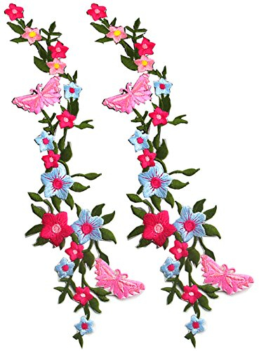 WANLIAN 2 Stück neue Schmetterlinge Blume Applique, bestickte Aufnäher zum Aufnähen oder Aufbügeln, Applikation für Kleider, Hosen, Hüte, Jeans, Nähen, Blumen-Applikation, Bastelzubehör