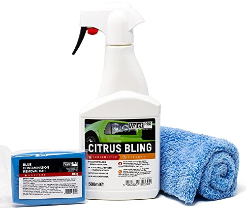 detailmate Set zur professionellen Lackreinigung aus ValetPro Reinigungsknete blau, hart 100g + Valet Pro Gleitmittel Citrus Bling Mikrofasertuch Ratgeber zur Nutzung