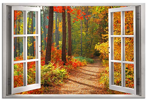 decomonkey - Impression sur Toile Foret Fenetre 90x60 1 Pièce - Tableau Décoration Appartement Cadre en Bois Déco Salon Peinture sur Toile Maison Arbres automne paysage forêt vue depuis la fenêtre