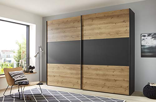 WIEMANN Korfu Kleiderschrank, Schwebetürenschrank, Schlafzimmerschrank, mit Schiebetüren, Breite 200 cm, Bianco Eiche, graphit, Holz, grau, schwarz, B/H/T 200x217x67 cm