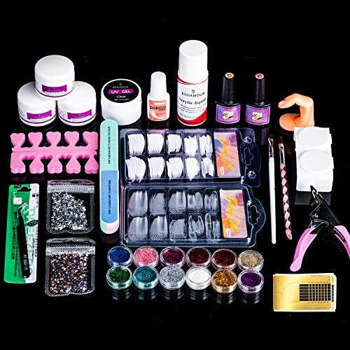 Acrylic Nails Kit Full Set for Beginners with Acrylic Powder Acrylic Liquid Monomer 12 Glitter Nail Tips Acrylic Nail Art Decoration Tools