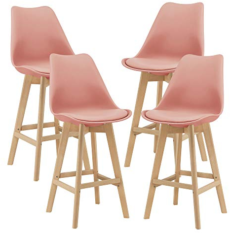 [en.casa] Juego de taburetes de Bar Lublin 105 x 48 x 58 cm Set de 4 x Taburetes de Cocina de diseño Asiento Acolchado Patas de Madera Haya Color Rosa
