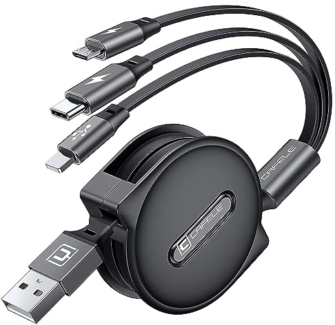 CAFELE 3 en 1 Cable de Carga Retráctil[20-120CM],5V/3A Cable Cargador Multiple Rápido Seguro,Cargador Universal Movil USB con Tipo C/MicroUSB/Phone para 14 13 12 Galaxy Huawei (Negro)