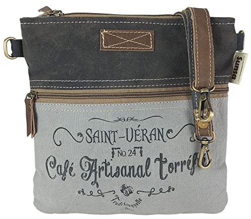 Sunsa Damen Umhängetasche. Schultertasche aus Canvas & Leder. Vintage Crossbody Tasche. Nachhaltig Retro Handtasche als Geschenkideen für Frauen (grau/schwarz)