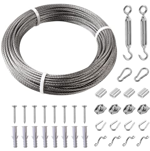Helffer Tendedero de 98 pies, kit de cadena de luces de acero inoxidable 304, cuerda de alambre retráctil portátil resistente, tensor de tensor para garaje, exterior, interior, vela de sombra