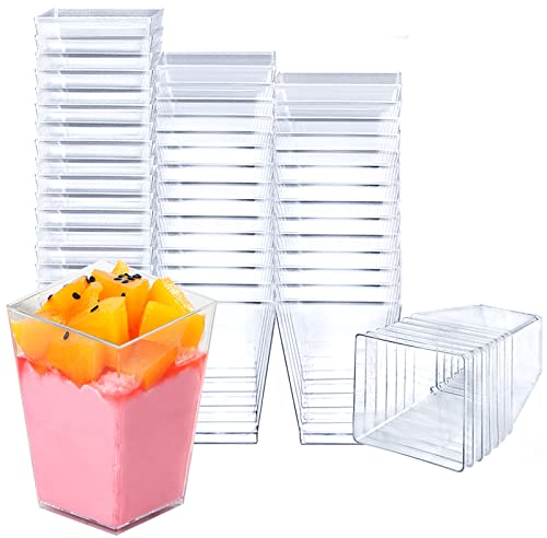 Uooker 5oz/150ml Dessert Cups, 50 Pcs Plastic Trapezoid Dessert Pots, Clear Small Cups, Reusable Serving Sweet Dessert Bowl for Cheesecake Jelly Candy Dessert Pudding Mousse Party(5.7 x 5.7cm)