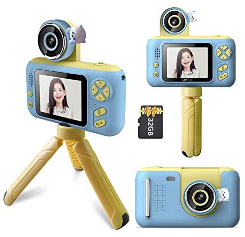 Andoer Kinder-Digitalkamera, 1080P 40 MP mit Stativ, 2,4-Zoll-IPS-Bildschirm, 180° drehbares Objektiv, 32 GB Speicherkarte, Selfie-Kamera, Kindergeschenk, Blau Gelb