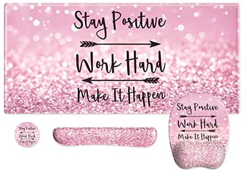 Anyshock Pink Mouse Pad with Wrist Support, Rose Gold & Pink Desk Mat with Stitched Edges, Non-Slip Coaster (Stay Positive)