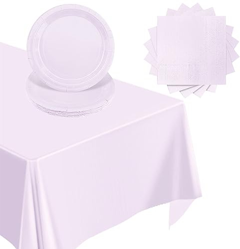 37Pcs Pastel Purple Party Tableware Set,PalePurple Paper Dinnerset, Pale Purple Table Cloth and Paper plates,PastelPurple napkins for Birthday,Baby Shower,Wedding Party Table Decorations