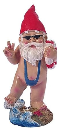 TEBI Sculpture de jardin nain de surf avec mankini et pour décoration extérieure Figurine en résine Gnome de paix Gnome de jardin amusant avec mankini et vie Sculpture d'extérieur Figurine en résine