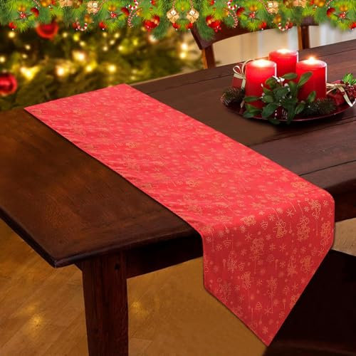 DTYGUIXE Tischläufer Winterlich Weihnachten Schneeflocke Schneemann Vögel Rot Esstisch Dekoration Modern 30 * 180 Zoll Lang für Tisch Deko